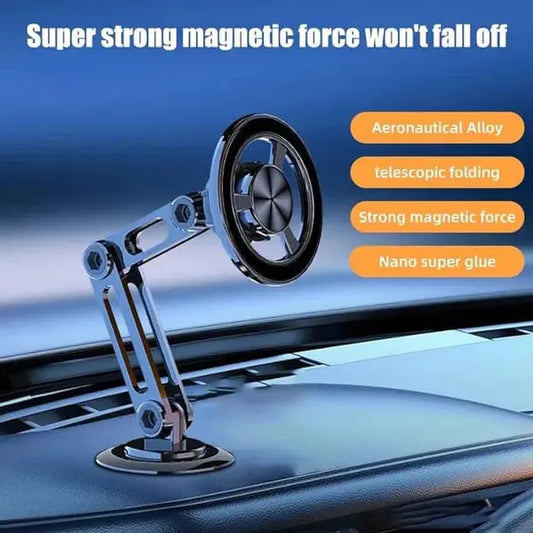 Car phone holder with magnetic force on a car dashboard, featuring text about its features.