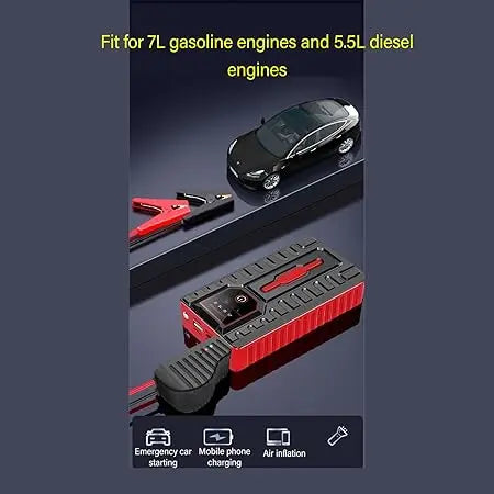 Car jump starter with clamps and car on a dark background, featuring text about engine compatibility.
