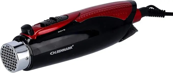Red and black hair dryer with 'Olsenmark' branding on a white background