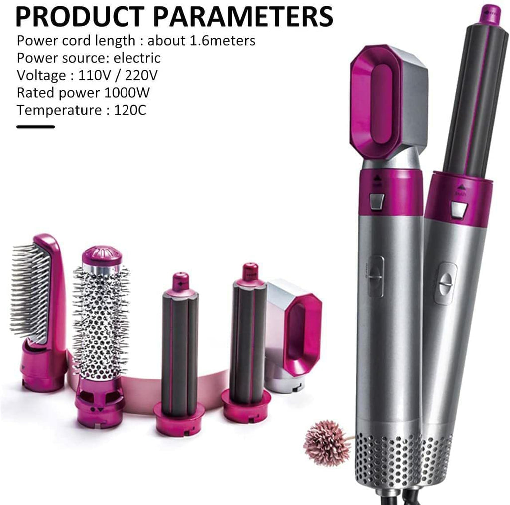 Hair styling tool set with attachments and product parameters on a white background