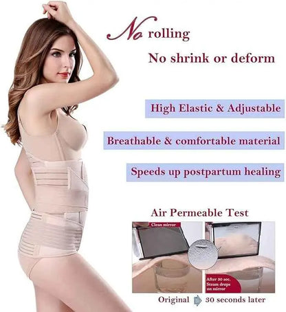 Woman wearing a shapewear product with text highlighting features on a white background