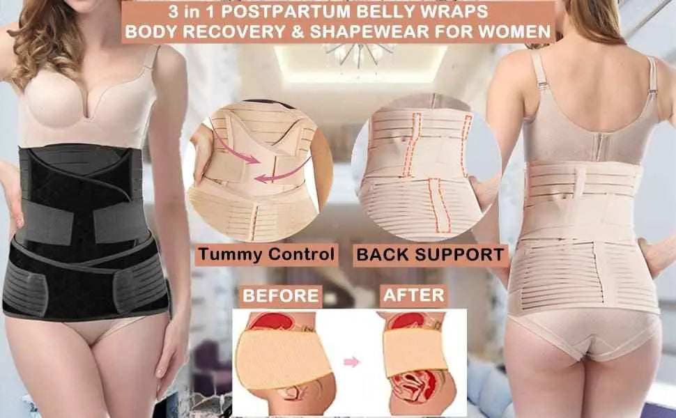 Postpartum belly wraps with before and after effects on a blurred background