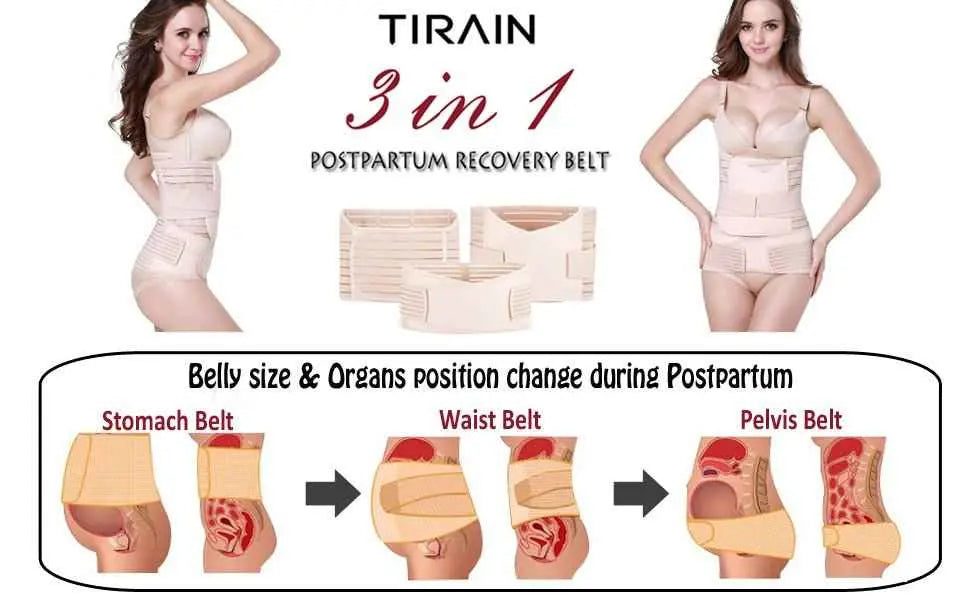TIRAIN 3-in-1 postpartum recovery belt advertisement with before and after illustrations.
