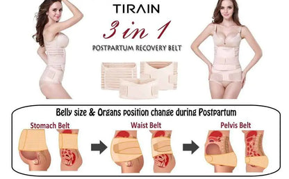 TIRAIN 3-in-1 postpartum recovery belt advertisement with before and after illustrations.