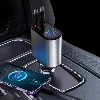 Car charger with multiple ports and a smartphone on a car dashboard.