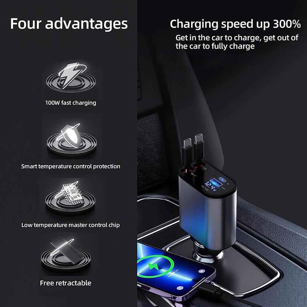 Car charger with four advantages listed on a dark background