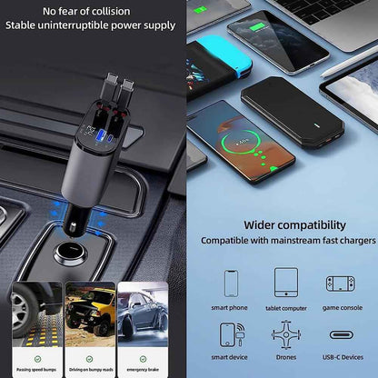 Car charger with multiple devices charging and text about power supply stability and compatibility.