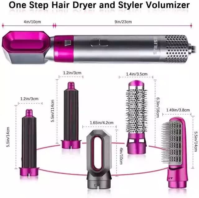 One Step Hair Dryer and Styler Volumizer with various attachments and measurements on a white background