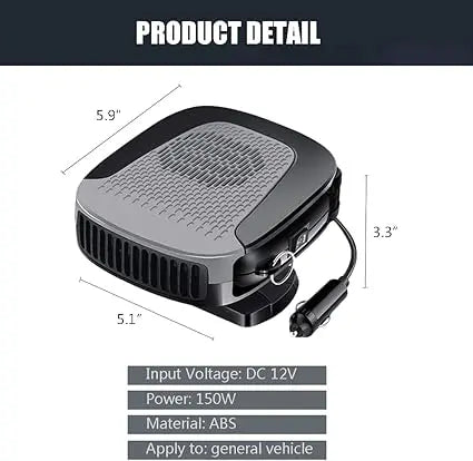 Car heater with dimensions and specifications on a white background