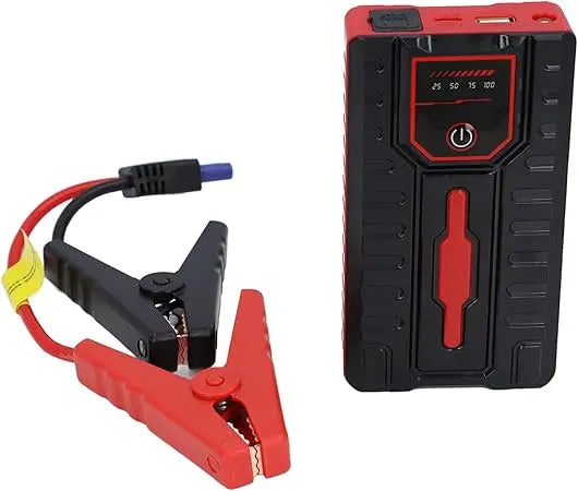 Black and red jump starter with clamps on a white background