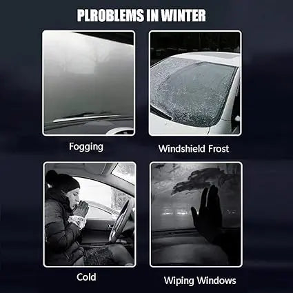 Illustrations of car window issues including fogging, windshield frost, cold inside the car, and difficulty wiping windows.