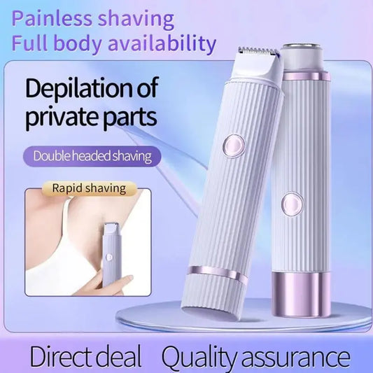 White and silver hair removal device with text on a purple background