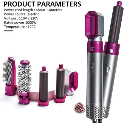 Hair styling tool set with attachments and product parameters on a white background