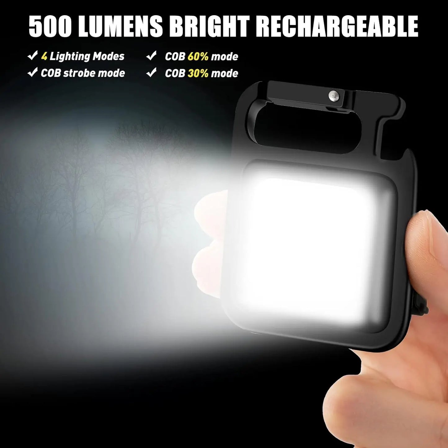 Hand holding a rechargeable LED light with 500 lumens brightness, showing different lighting modes.