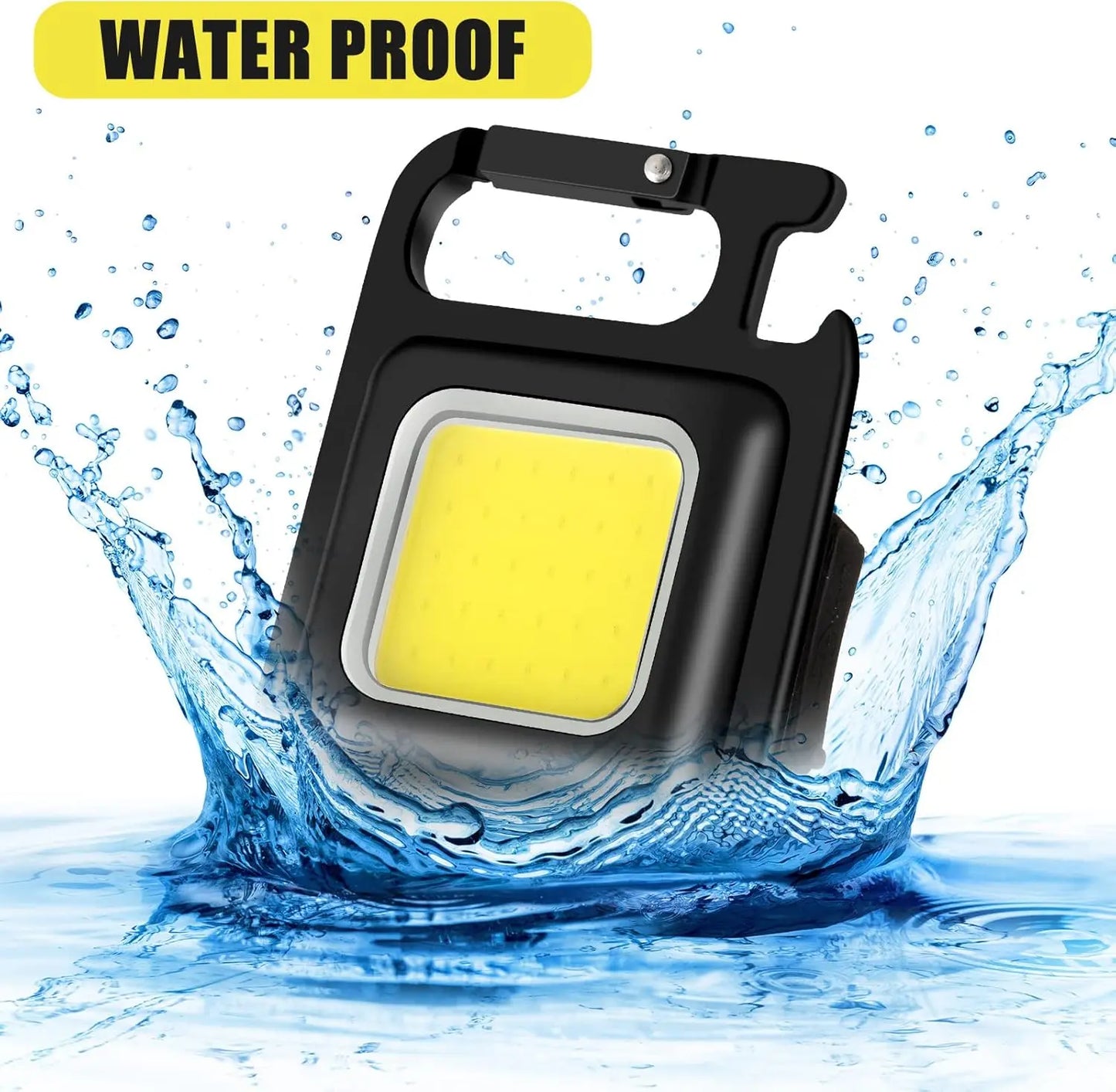 Waterproof LED work light with water splashes around it on a white background