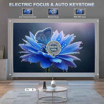 Large screen displaying a blue flower with text about electric focus and auto keystone on a living room setting.
