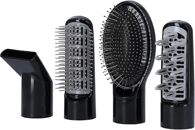 Set of four black hairbrushes with different bristle designs on a white background