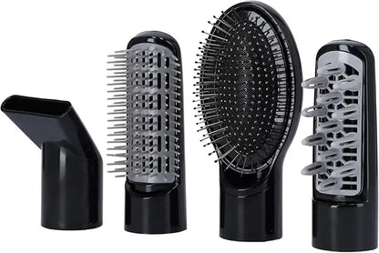 Set of four black hairbrushes with different bristle designs on a white background