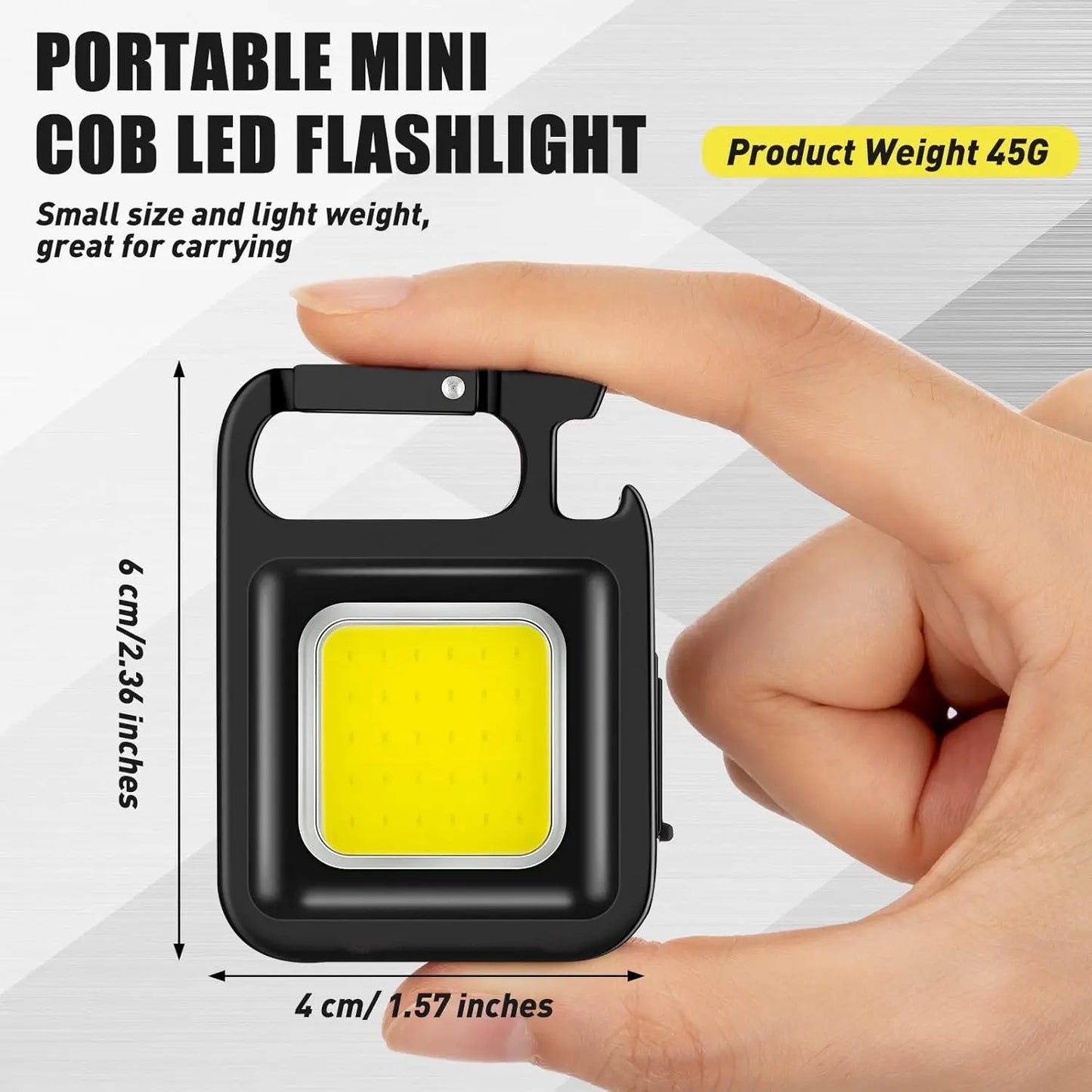 Portable mini COB LED flashlight held in a hand with product details and dimensions.