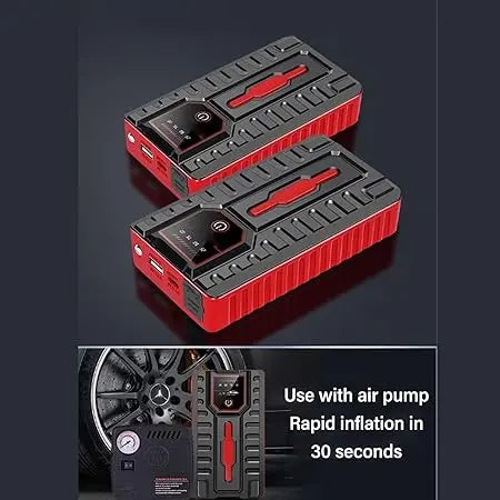 Two red and black portable air compressors on a dark background with an inset showing their use with a tire.