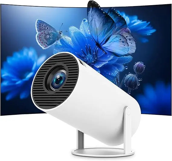 White security camera on a stand with a blue butterfly and flower background