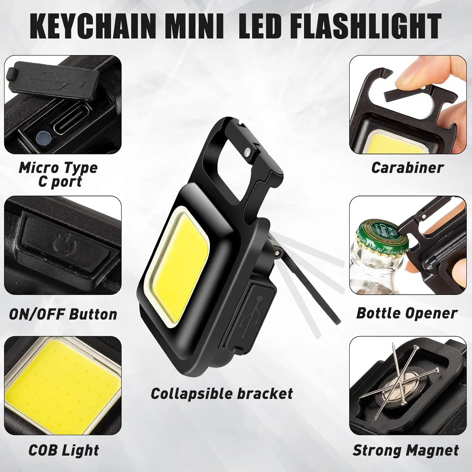 Keychain mini LED flashlight with various features highlighted on a white background
