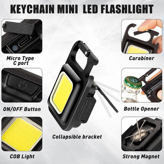 Keychain mini LED flashlight with various features highlighted on a white background