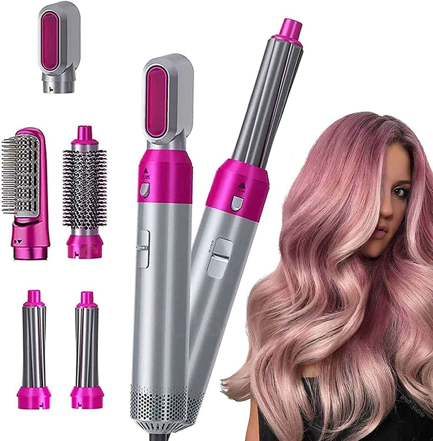 Hair styling tool with interchangeable attachments and a model with styled hair.