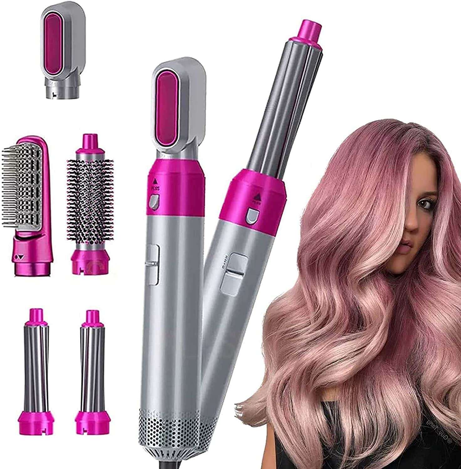Hair styling tool with interchangeable attachments and a model with styled hair.