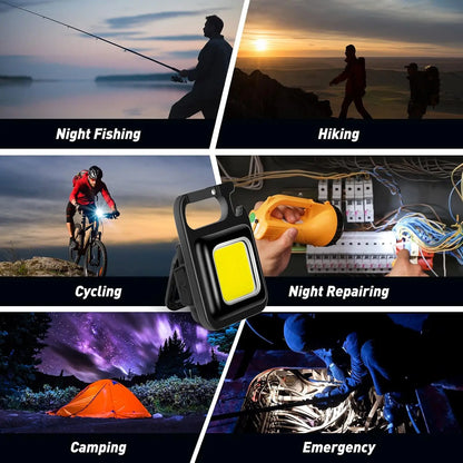 Collage of scenarios including night fishing, hiking, cycling, night repairing, camping, and emergency use with a light source.