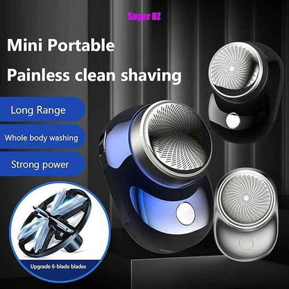 Mini portable shaving device with text highlighting features on a dark background