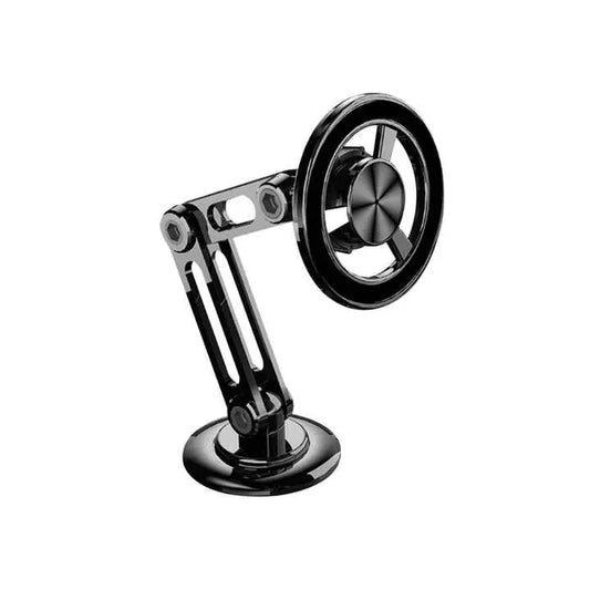 Black phone holder with adjustable arm on a white background