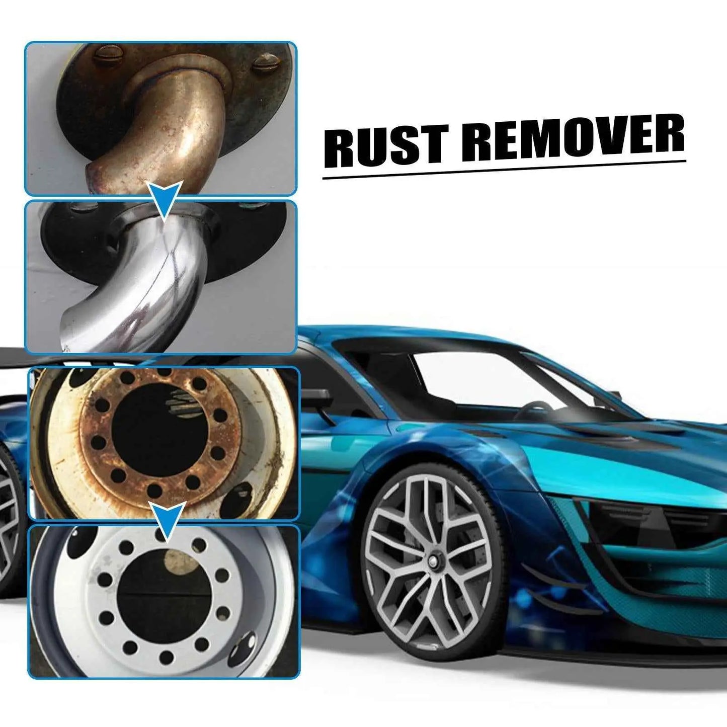 Advertisement for a rust remover with images of rust on metal surfaces and a blue car.