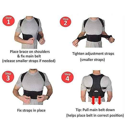 Instructions on how to wear a back brace with steps shown.