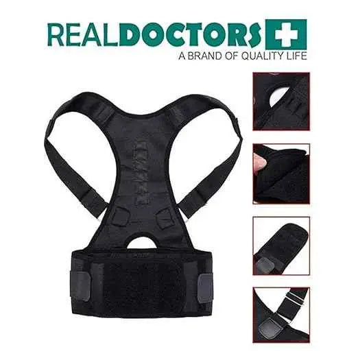 Black posture corrector with Real Doctors branding on a white background
