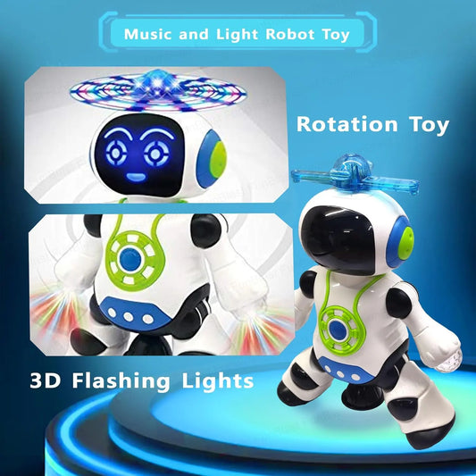 Robot toy with 3D flashing lights and rotation feature on a blue background