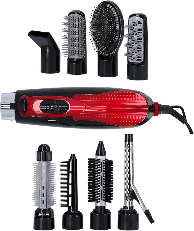 Red and black hair styling tool with multiple attachments on a white background