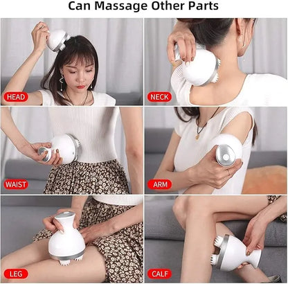 Person using a handheld massager on various parts of their body including head, neck, waist, arm, leg, and calf.