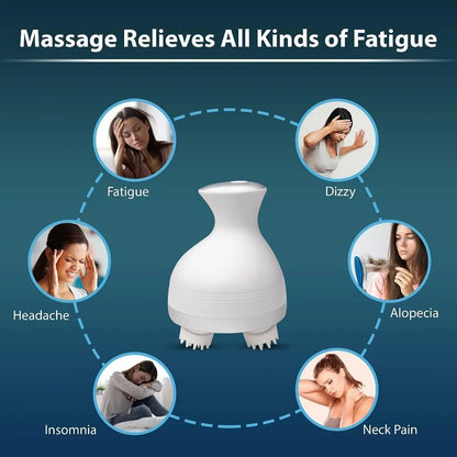 White handheld massager with images of people experiencing various types of fatigue around it on a blue background.