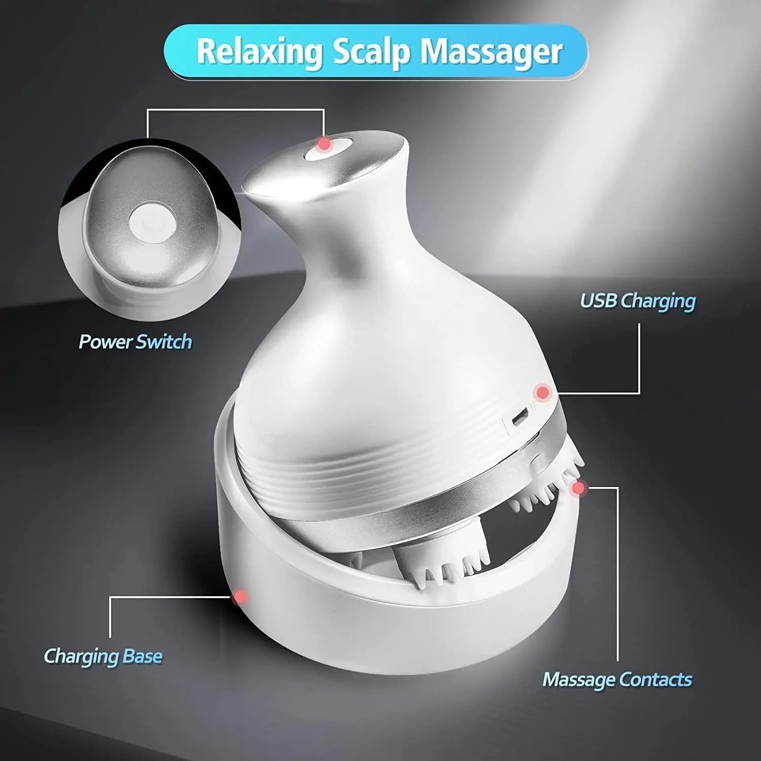 Relaxing scalp massager with labeled parts – rotating head, silicone nodes, ergonomic handle, and power button on dark background