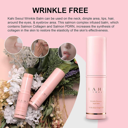 Kahi Seoul Wrinkle Balm with product images and text on a pink background